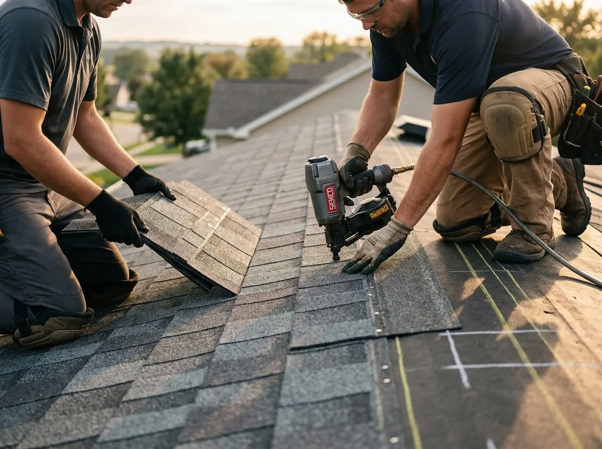 Professional roofer working on a residential roof in Fillmore